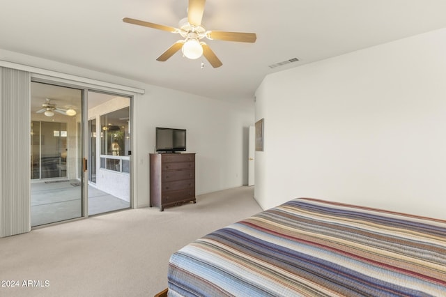 bedroom with access to outside, ceiling fan, and light carpet