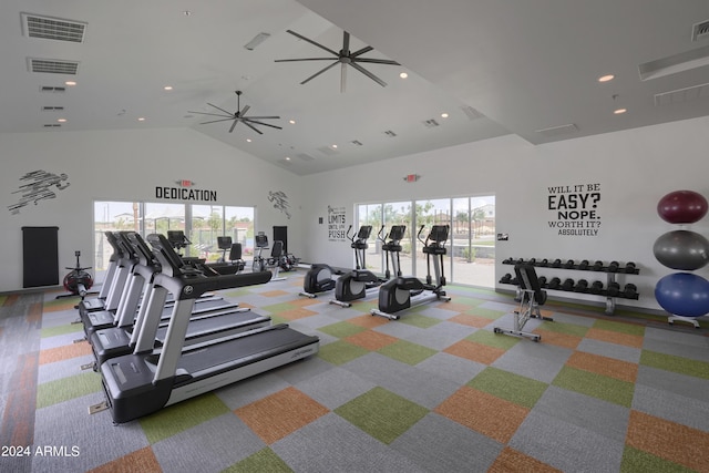 13259 N 145th Ln, Surprise, AZ 85379 - gym with visible vents, ceiling fan, high vaulted ceiling, and recessed lighting