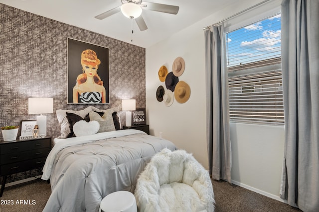 carpeted bedroom featuring ceiling fan