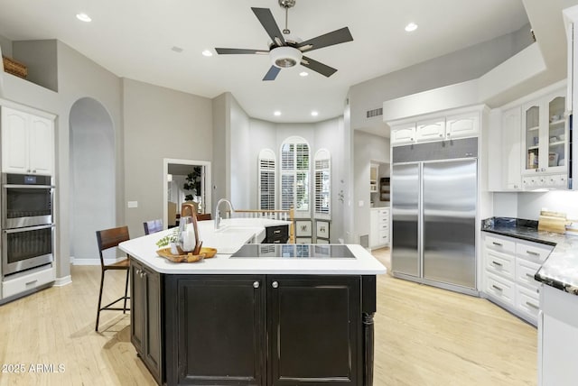 kitchen with arched walkways, stainless steel appliances, light wood-style flooring, white cabinets, and dark cabinetry