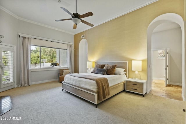 bedroom featuring arched walkways, ornamental molding, and light colored carpet