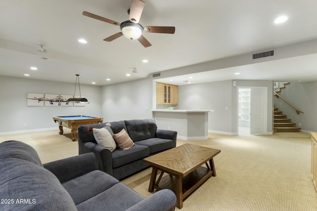 living room featuring billiards, stairs, visible vents, and recessed lighting