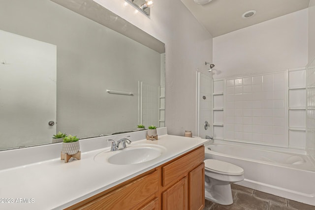 full bathroom featuring shower / bath combination, vanity, tile patterned floors, and toilet