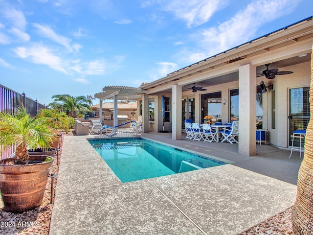 view of pool featuring ceiling fan, a pergola, and a patio area