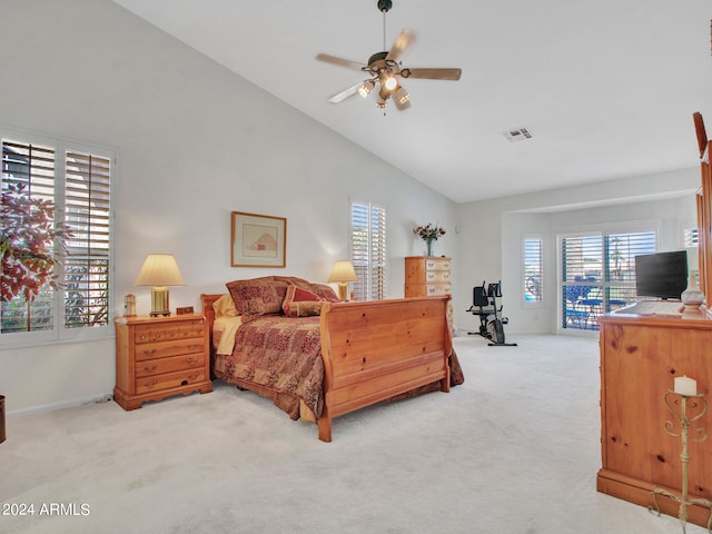 carpeted bedroom with ceiling fan, access to outside, and high vaulted ceiling