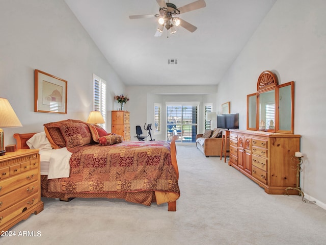 carpeted bedroom featuring high vaulted ceiling, ceiling fan, and access to exterior