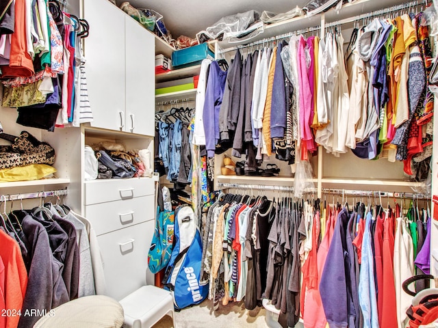 walk in closet featuring carpet flooring