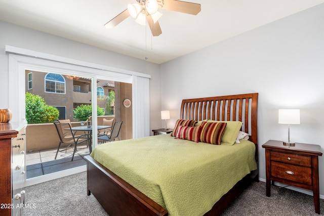 carpeted bedroom with access to outside, ceiling fan, and baseboards