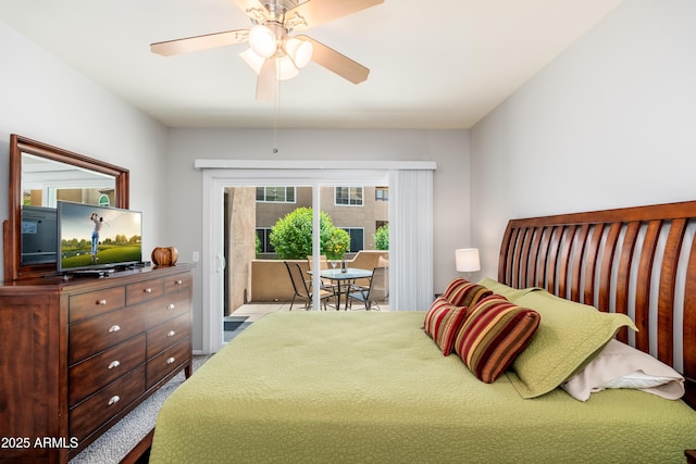 carpeted bedroom featuring access to exterior and ceiling fan