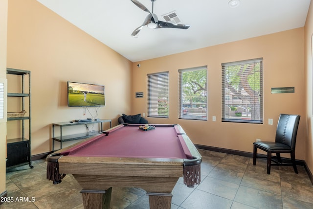 game room featuring vaulted ceiling, baseboards, billiards, and a ceiling fan