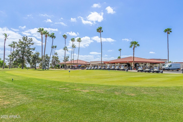 view of community featuring golf course view and a lawn