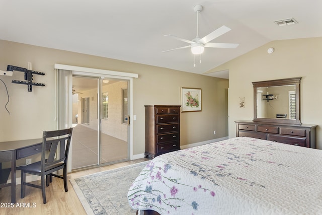 9216 E Rocky Lake Dr, Sun Lakes, AZ 85248 - bedroom featuring light wood-style flooring, visible vents, access to exterior, vaulted ceiling, and a ceiling fan