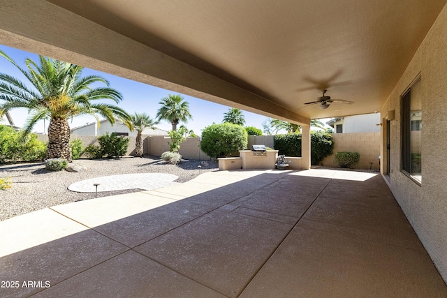 9216 E Rocky Lake Dr, Sun Lakes, AZ 85248 - view of patio with area for grilling, ceiling fan, and a fenced backyard