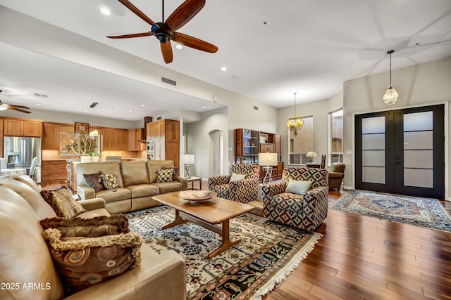 7304 E Bent Tree Dr, Scottsdale, AZ 85266 - living area with ceiling fan, hardwood / wood-style floors, french doors, a chandelier, and recessed lighting