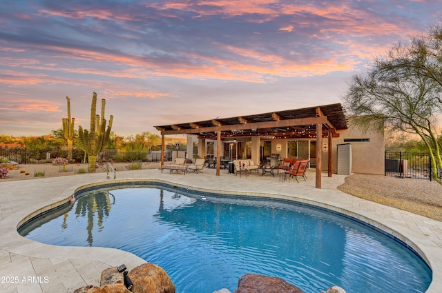 7304 E Bent Tree Dr, Scottsdale, AZ 85266 - pool at dusk featuring outdoor lounge area, a patio, a pergola, and cooling unit