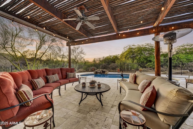 7304 E Bent Tree Dr, Scottsdale, AZ 85266 - fenced backyard featuring an outdoor hangout area, a pergola, and ceiling fan