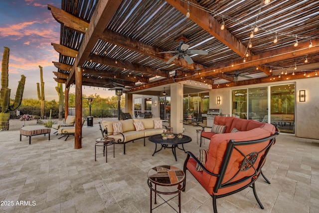 7304 E Bent Tree Dr, Scottsdale, AZ 85266 - patio terrace at dusk featuring an outdoor living space, ceiling fan, a pergola, and exterior kitchen