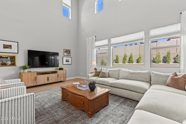 living room featuring hardwood / wood-style flooring, plenty of natural light, and a high ceiling