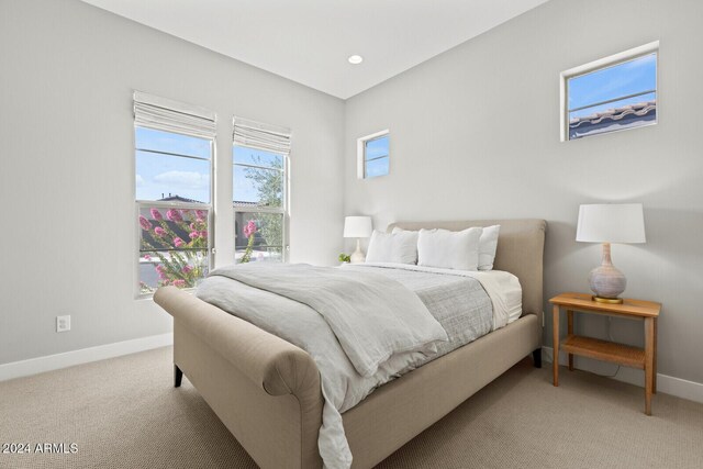 bedroom with light carpet