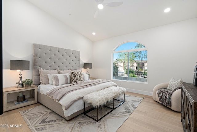 8965 E Maple Dr, Scottsdale, AZ 85255 - bedroom with recessed lighting, light wood-style floors, a ceiling fan, high vaulted ceiling, and baseboards
