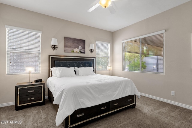 bedroom featuring multiple windows, carpet flooring, and ceiling fan