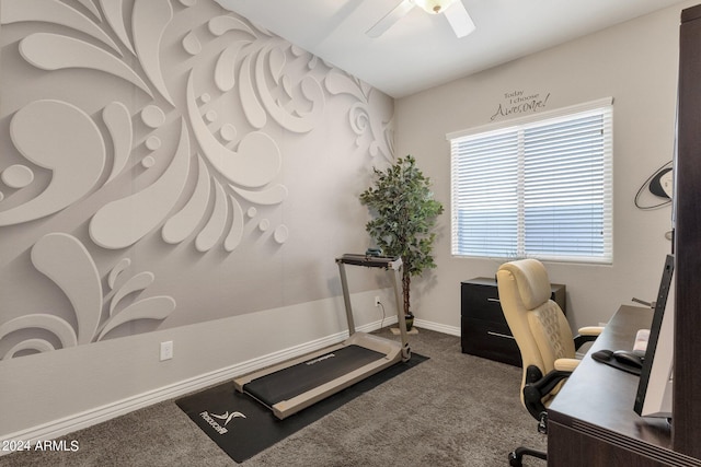 home office featuring carpet and ceiling fan