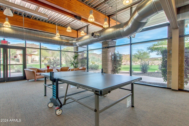 playroom featuring a towering ceiling, carpet floors, and floor to ceiling windows