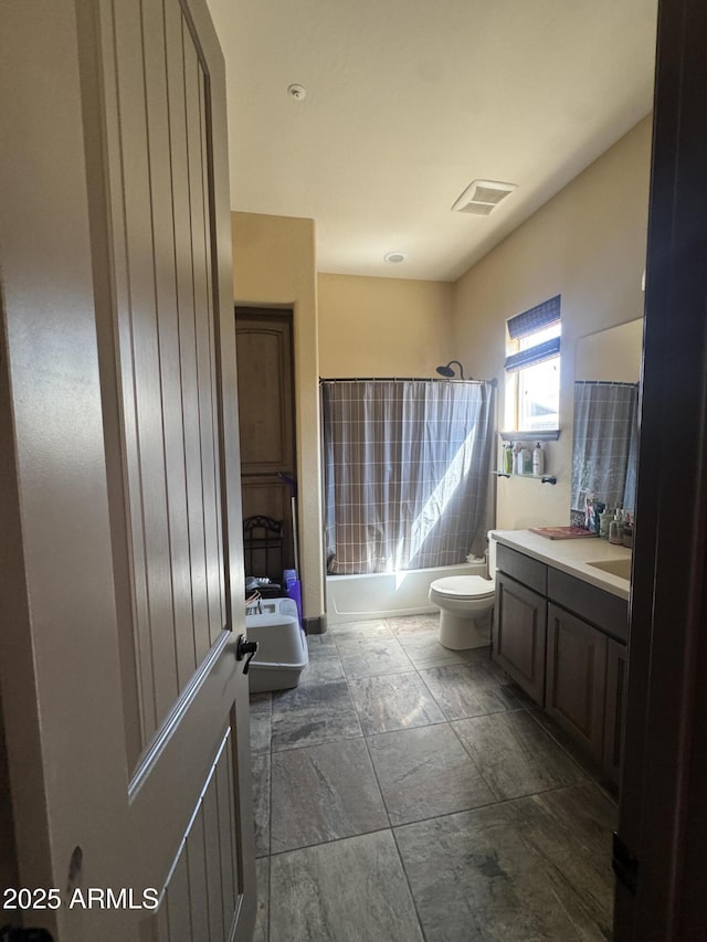 full bathroom featuring a shower, a bath, toilet, and vanity