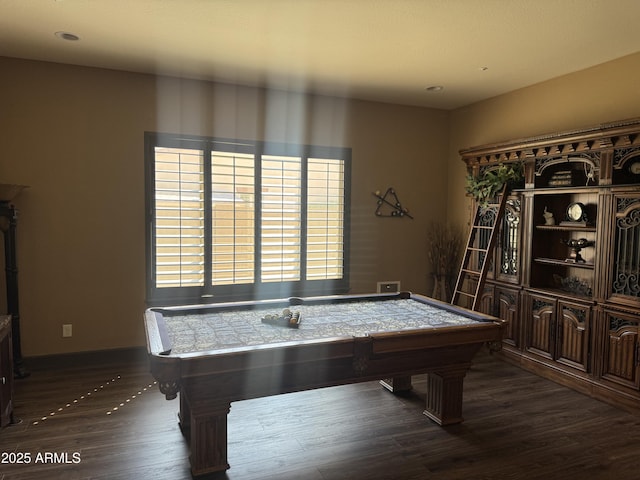 playroom with recessed lighting, pool table, dark wood-style floors, and baseboards