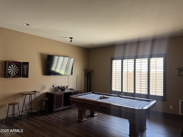 rec room with baseboards, pool table, and dark wood-style floors