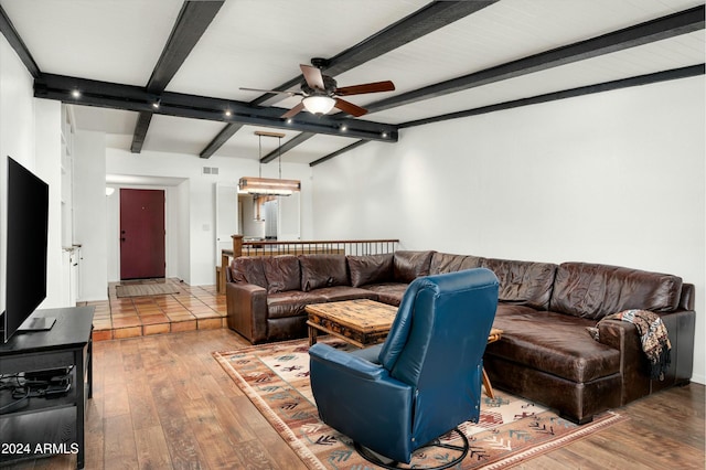 living room with beam ceiling, ceiling fan, and hardwood / wood-style floors