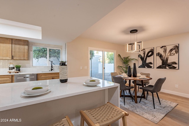 kitchen with a healthy amount of sunlight, stainless steel dishwasher, decorative light fixtures, and light hardwood / wood-style floors