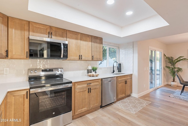 kitchen with backsplash, light hardwood / wood-style floors, sink, and appliances with stainless steel finishes