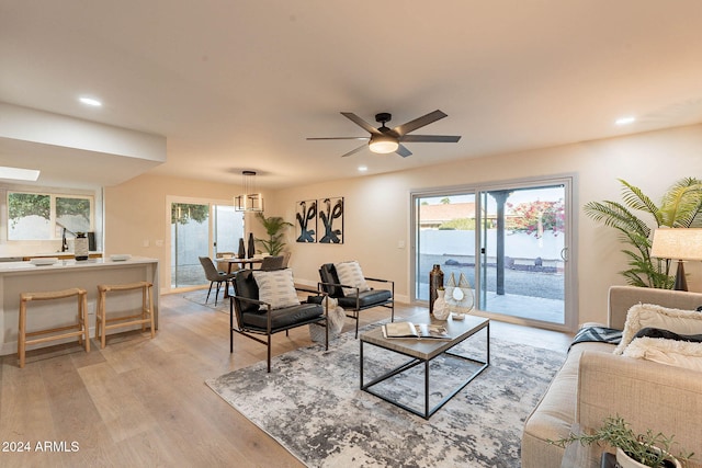 living room with ceiling fan and light hardwood / wood-style flooring