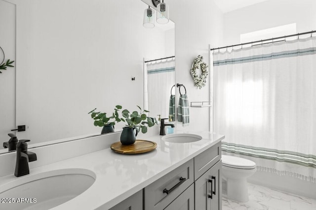 full bathroom featuring toilet, shower / bath combo, and vanity