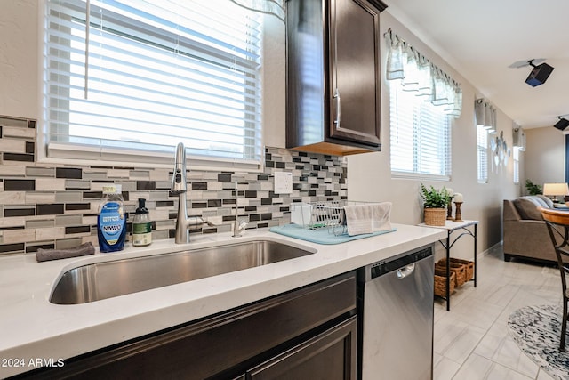 kitchen with dishwasher, decorative backsplash, dark brown cabinetry, and sink