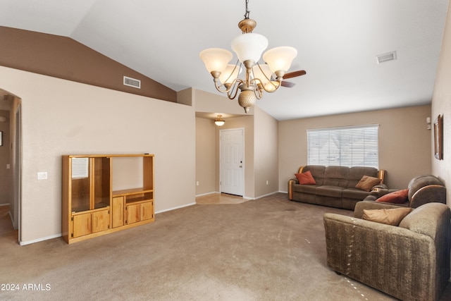 carpeted living room with vaulted ceiling and a chandelier