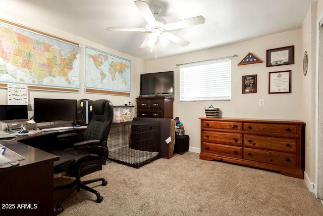 office with light carpet and ceiling fan