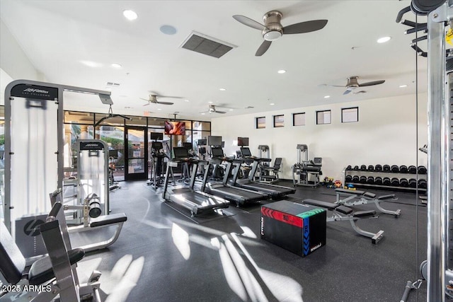 7601 E Indian Bend Rd Unit 1040, Scottsdale, AZ 85250 - exercise room with a ceiling fan and recessed lighting