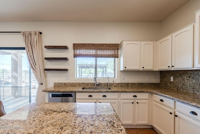 9998 W Prospector Dr, Queen Creek, AZ 85144 - kitchen featuring a sink, dishwasher, light stone countertops, and white cabinetry