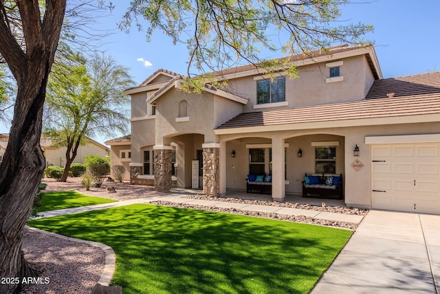 9998 W Prospector Dr, Queen Creek, AZ 85144 - mediterranean / spanish-style home featuring stucco siding, a tile roof, a front lawn, outdoor lounge area, and driveway