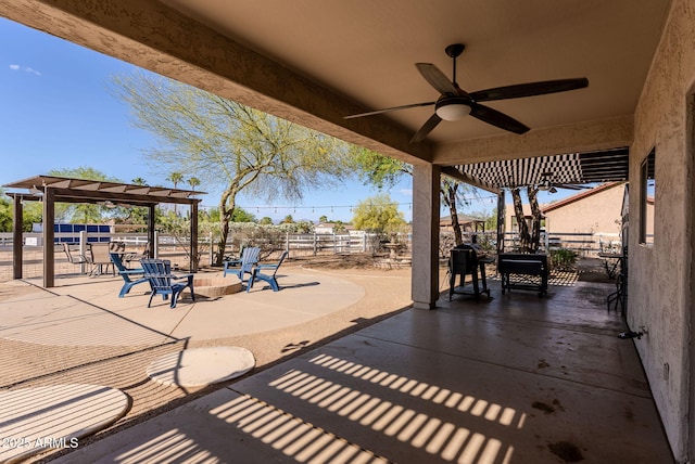 9998 W Prospector Dr, Queen Creek, AZ 85144 - view of patio featuring a pergola, a fire pit, fence, and a ceiling fan