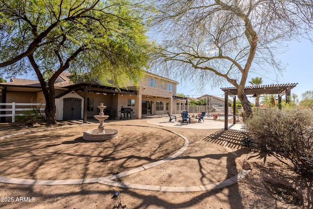 9998 W Prospector Dr, Queen Creek, AZ 85144 - rear view of property with a pergola, fence, a patio, and stucco siding