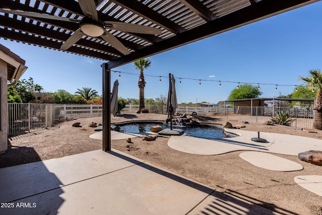 9998 W Prospector Dr, Queen Creek, AZ 85144 - view of patio / terrace featuring a fenced backyard, ceiling fan, and a pergola
