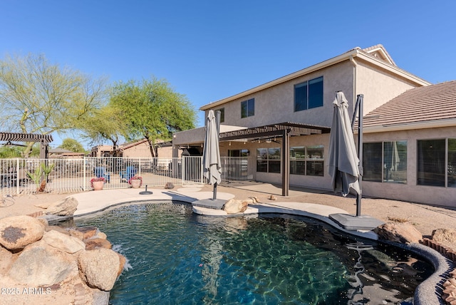 9998 W Prospector Dr, Queen Creek, AZ 85144 - view of pool featuring fence, a patio, and ceiling fan