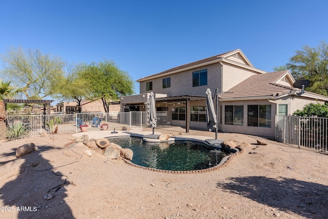 9998 W Prospector Dr, Queen Creek, AZ 85144 - rear view of property with stucco siding, a fenced backyard, a patio area, and a tiled roof