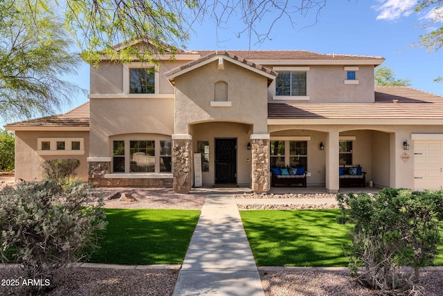 9998 W Prospector Dr, Queen Creek, AZ 85144 - view of front of home with outdoor lounge area, stucco siding, and a front lawn