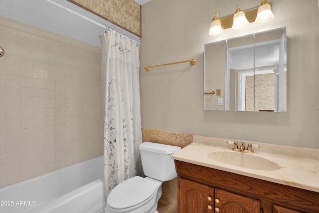 full bathroom featuring shower / bath combo, toilet, and vanity