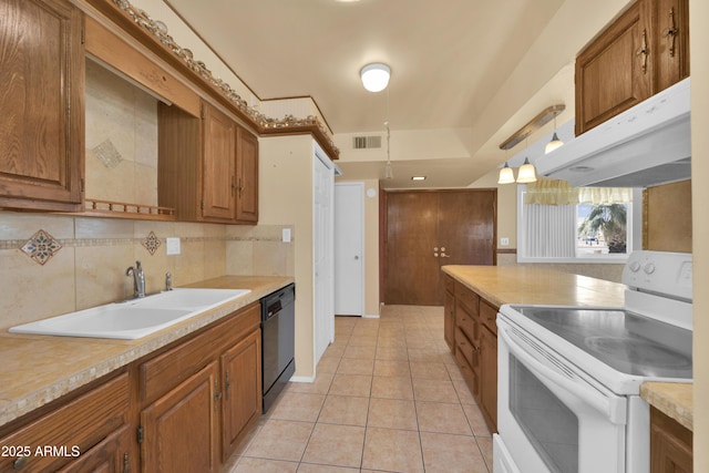 kitchen featuring white electric range, sink, light tile patterned floors, black dishwasher, and decorative light fixtures