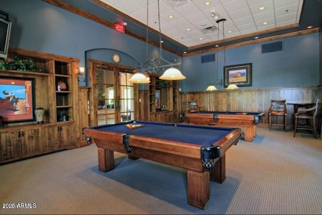 343 W Twin Peaks Pkwy, San Tan Valley, AZ 85143 - recreation room featuring carpet, pool table, wainscoting, wood walls, and a high ceiling